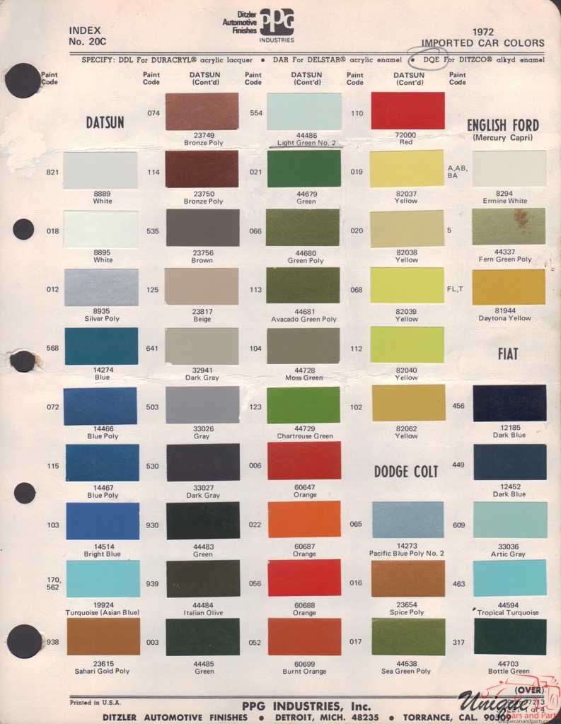 1972 Datsun Paint Charts PPG 1
